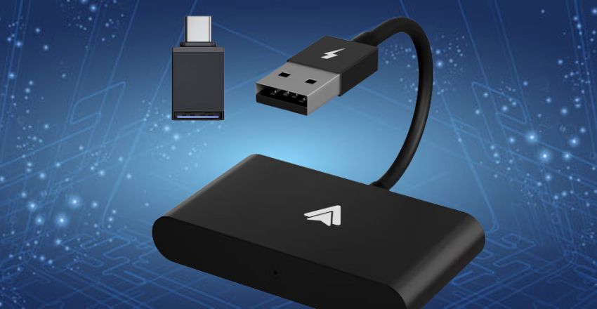 Wireless Android Auto adapter plugged into a car USB port