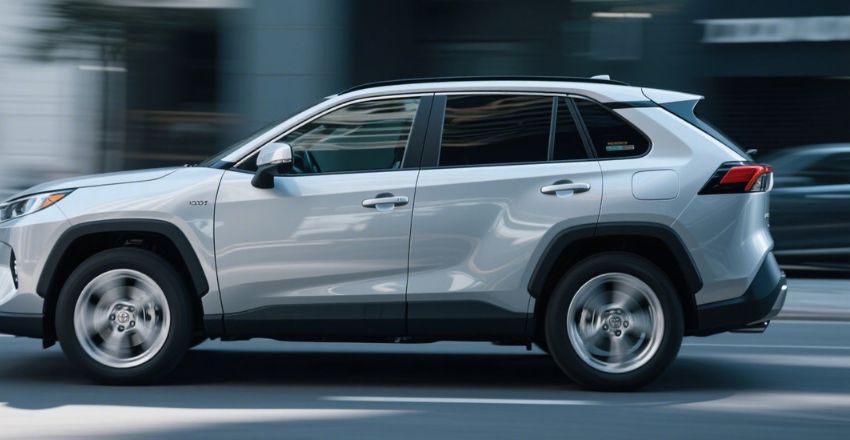 Toyota RAV4 driving along a wooded mountain route
